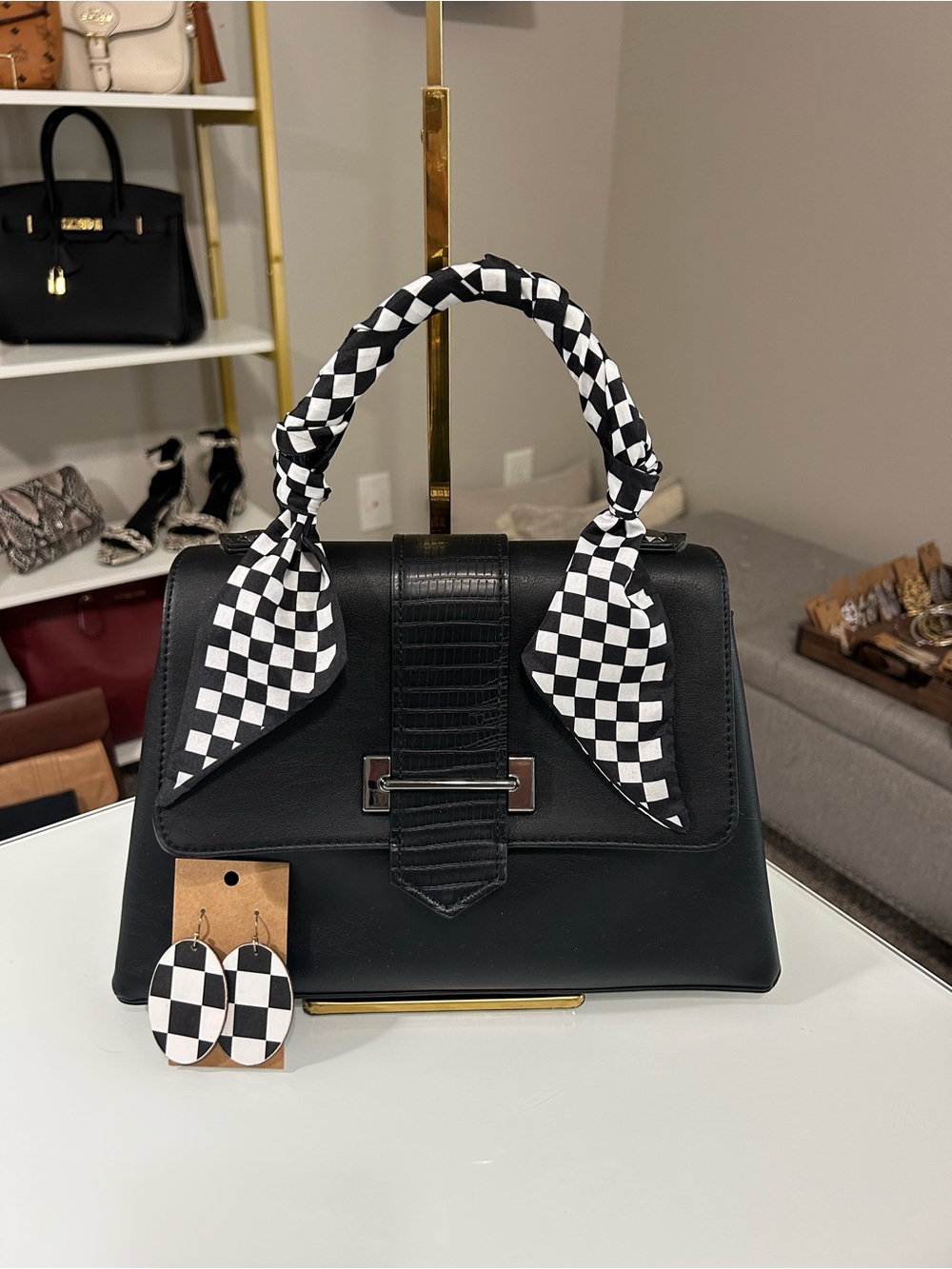 Simply Vera Vera Wang Black Satchel with Black-and-White Checker Scarf